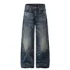 Gd004 High Street Estilo Americano Unissex Jeans Desgastado Vintage Lavado com Design de Bigodes de Gato Jeans Masculino de Corte Largo