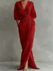 2026 Nuevo Vestido Largo Elegante de Color Sólido con Cuello en V, Manga Larga, Cintura Fruncida con Abertura y Bolsillo, Estilo Europeo y Americano, para Sitios Independientes de Amazon