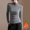 Camisa Base Térmica Aconchegante com Gola Meia-Alta Plissada, Corte Slim, Forrada com Fleece para Mulheres, Manga Longa para Outono e Inverno, Tendência