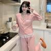 Pijama de Algodón para Mujer Dulce Estilo Princesa de Primavera y Otoño Color Sólido Cárdigan Manga Larga Pantalón Conjunto de Dos Piezas Se Puede Usar Afuera Ropa de Casa