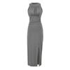 Vestido Roxo Puro Estilo Lust com Gola Halter, Bojos e Fitas, Saia Longa Elegante com Fenda Feminina, Saia Justa ao Corpo