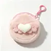 Cute monedero de peluche con forma de ala de ángel y corazón, llavero redondo mini, adorable bolsa de almacenamiento de monedas de peluche