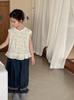 Camiseta Infantil de Verão 2025 para Meninas Colete Retro Francês Floral de Renda Calça Jeans Coreana para Menininha