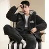 Pijama de Inverno Masculino, Acolchoado de Três Camadas, Lã Coral Quente, Estilo Outono e Inverno, Conjunto de Loungewear Masculino com Zíper, Espessado e Quente