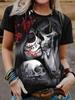 Camiseta Fashion 3D Estampada Feminina Caveira Rosa Série Thriller Tendência Fabricante Cabelo Liso Feminino Gola Redonda Manga Curta