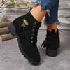 Botas Martin con Tira Cruzada y Borlas para Mujer Tacón Grueso Cremallera Lateral Cordones Botines Decoración Metálica Retro Botas de Mujer Otoño Invierno Venta al por Mayor cn
