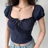 Top de Verão Feminino Manga Curta Bufante com Gola Quadrada, Ombro a Ombro, para Figuras Baixas, Emagrecimento, Versátil, Estilo Curto, Clavícula Exposta, Elegante, Body Justo