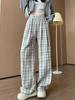 Pantalones a cuadros vintage para mujer, primavera y otoño, nuevos, holgados, rectos, de cintura alta, informales, cortos, de pierna ancha