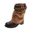 Elegantes botas de motocicleta estilo retro 2026, nuevo estilo de otoño e invierno para mujer con tacón medio y hebilla de cinturón, botas de caballero apiladas, botines versátiles