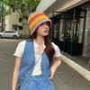Sombrero de paja de cuenca de papel frito callejero llamativo de verano para mujer, moderno, fino, retro japonés, sombrero tipo cubo de pescador, sombrero de paja con combinación de colores para mujer