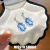 Azul Profundo e Cristalino! Brincos Pendentes Ovais Cravejados de Diamantes, Brincos de Moda Estilo Corte Vintage, Brincos Frescos e Doces para Mulheres