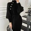2026 Transfronterizo Amazon Otoño e Invierno Nuevo Estilo Holgado con Cinturón de Corbata Botones Cuello Alto Vestido Largo Vestido Suéter para Mujer
