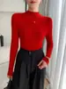 Blusa feminina de gola semi-alta, manga longa, malha sem costura, pulôver para primavera e outono, casual, versátil, básica, confortável e estilosa