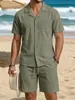 Conjunto de Camisa Casual de Algodón y Lino de Manga Larga con Botones y Shorts de Playa para Vacaciones de Verano para Hombre Estilo Americano Transfronterizo