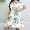 Amazon Aliexpress Venda Quente Tamanho Grande Decote V Cintura Franzida Emagrecedor Manga Curta Vestido Estilo Vintage Feminino Transfronteiriço