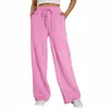 Calça Esportiva Casual de Cintura Alta com Cordão, Perna Larga, Corte Reto Solto, Cor Sólida Simples, Estilo Europeu e Americano, Versátil, para Mulheres