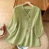 Nova camisa de algodão e linho estilo chinês ricamente bordada para mulheres, verão, traje tradicional chinês para chá, modificada com botões de pérola, gola diagonal, top de algodão e linho com decote V