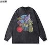Atacado transfronteiriço T-shirt masculina de manga comprida com estampa desbotada e desgastada estilo retrô americano, T-shirt de manga comprida casual solta e moderna para o verão