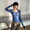 Camiseta púrpura cuadrada de manga larga puramente deseable para mujer, top versátil de otoño ajustado a la cintura 26258