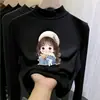 Camiseta feminina de manga longa com forro de fleece para outono e inverno, top escovado quente de gola semimédia para meninas pequenas