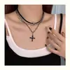 Collar de cruz de cuentas negras con diseño de murciélago, estilo europeo y americano, estilo Spice Girl, combina con todo, cadena de clavícula moderna.