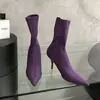 Novas botas curtas finas de cetim com bico fino e salto alto fino, botas meia-calça elásticas de salto alto afinadoras
