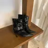 Primer Encuentro Ji Ou Mei Botines de Media Caña Punta Fina Hebilla de Cuero Botas Arrugadas para Mujer Gamuza Tacón de Aguja Alto 2026 Otoño Invierno Botines