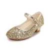 Saltos Altos Infantis Sapatos Femininos Nova Moda Estudantes Lantejoulas Prateadas Sapatos de Performance Etiqueta Feminina Flor Sapatos Infantis
