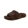 2026 Versión Coreana y Extranjera Pantuflas de Piel para Mujer Usar Pantuflas Gruesas de Algodón Punta Abierta Temporada de Otoño e Invierno Hebilla Versátil Suela Plana Modernas