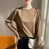 Camiseta básica de malha Tencel, cor sólida, gola redonda, fina, manga longa feminina, top de corte solto, blusa estilosa