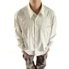 Camisa Retro Japonesa Blanca con Rayas y Cuello Blanco para Hombre, Camisa Chaqueta Casual de Manga Larga Holgada Versátil