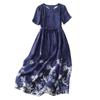 En Stock Verano Nuevo Algodón y Lino Estampado Reductor de Edad Cuello Redondo Manga Corta Longitud Media para Viajar Artístico Simple Vestido Largo