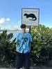 Fecha de Isla Verano Cuello Cubano Estampada Vacaciones Casual Holgada Hawaiana Perezosa Azul Manga Corta