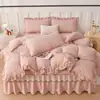 2026 Novo Conjunto de Saia de Cama Acolchoada de Renda Três ou Quatro Peças Algodão Lavado Estilo Coreano Estilo Princesa Saia de Cama de Renda Transmissão ao Vivo