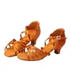 Zapatos de baile latino para niñas, tacón medio-alto, zapatos latinos profesionales de cuero marrón con suela blanda, venta al por mayor y compra en grupo de zapatos de baile latino