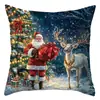 Funda de Almohada Estampada de Reno y Muñeco de Nieve Navideño Set Azul de Cuatro Piezas Funda de Cojín de Atmósfera para Sofá de Sala de Estar Navideña Respaldo