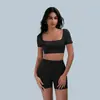 Conjunto de yoga sin costuras transfronterizo, sexy con espalda hueca, manga corta, para deportes al aire libre, correr, fitness, conjunto de dos piezas