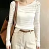 Nuevo top de punto estilo 'chica hot' de deseo puro, con hombros descubiertos, cuello diagonal, botones flotantes, transparente, ajustado y sexy