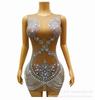 Falda Corta de Malla Transparente con Diamantes Ropa de Escenario Sexy Europea y Americana Malla Caliente Diamantes Vestido con Cortes Vestido de Noche Estrella Femenina