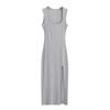 Ropa de mujer europea y americana, sexy, de verano, con cuello cuadrado, color sólido, falda dividida de un solo paso, vestido de longitud media, venta al por mayor