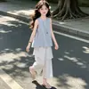 Conjunto de Verano 2026 para Niñas Nueva Moda Tendencia Top sin Mangas a Cuadros y Pantalones de Pierna Ancha para Niños Mayores