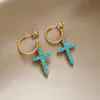 Brincos de cruz únicos em pedra natural azul para mulheres, novos acessórios de ouvido de moda vintage 2026, joias de ouvido versáteis e estilosas