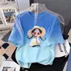 Camiseta de Manga Curta para Meninas de Verão Nova Estampa Degradê Roupas Infantis para Crianças Maiores Confortável e Estilosa Gola Redonda