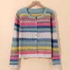 Cardigan de Tricô Colorido Estilo Europeu Transfronteiriço para Mulheres Primavera Novo Gola V Listrado Vazado Base Top Suéter de Manga Longa
