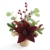 Decoraciones Navideñas Nuevas Personalizadas al por Mayor Transfronterizas: Plantas en maceta de Flor de Pascua artificial con bayas rojas, piñas y adornos de mesa de arpillera