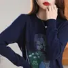 Suéter de gola redonda e manga longa, top de segunda pele, malha de algodão puro para outono com estampa, para mulheres, transfronteiriço