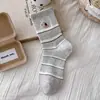 Meias Fofas de Desenho Animado para Mulheres, Meias de Cano Médio para Primavera e Verão, Meias Slouch Listradas com Bordado de Cachorro Tendência Ins Coreana Sem Costura para Mulheres