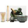 Juego de Cuatro Tazas para Matcha Horneadas, Juego de Té Japonés, Batidor de Té de Cerámica, Mezclador de Polvo de Matcha