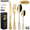 Amazon popular cubertería de acero inoxidable cuchillo, tenedor y cuchara juego de 24 piezas para 6 personas Hotel Cubiertos occidentales cuchillo para bistec, tenedor y cuchara
