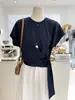 Verano Nuevo Estilo Coreano Nicho Estilo Perezoso Con Cordones en la Cintura Holgado Aspecto Adelgazante Cuello Redondo Manga Corta Camiseta Top de Hombro Derecho para Mujer